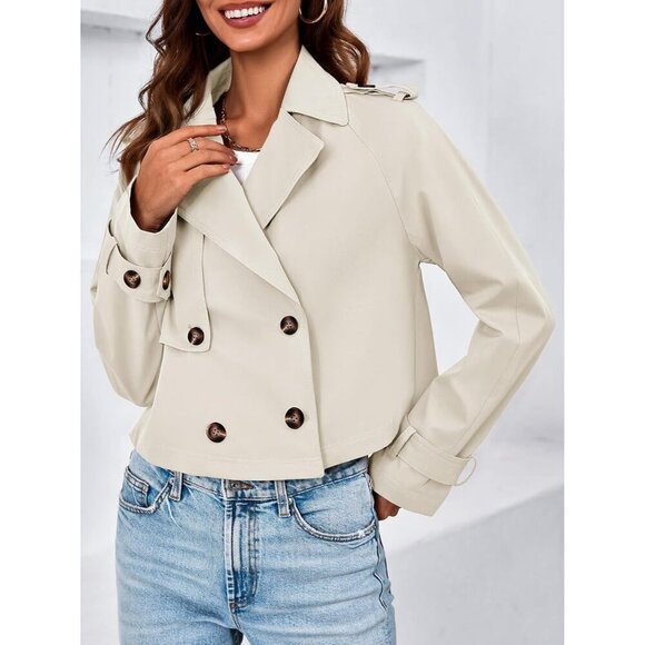 Womens Off-white Cropped Trench Coat Lapel Double Breasted Short Jacket Outwear - Picture 4 of 5